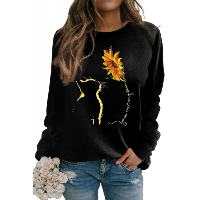 Black Sunflower and Cartoon Cat Graphic Women Sweatshirt