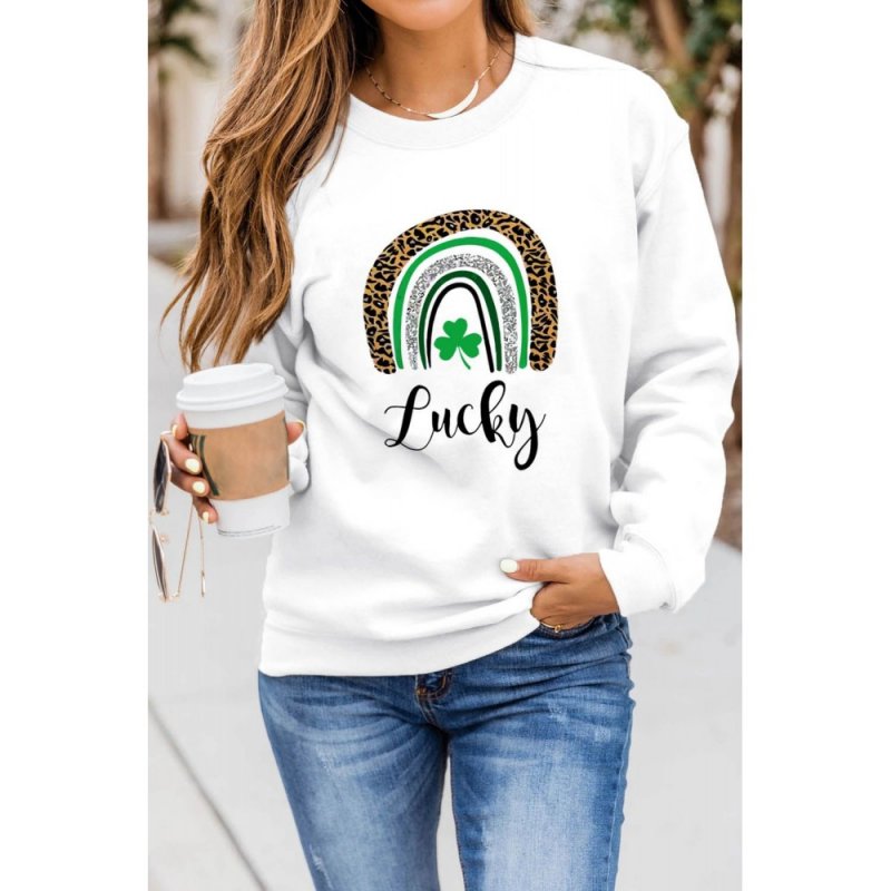 White St. Patrick's Day Lucky Clover Print Graphic Sweatshirt