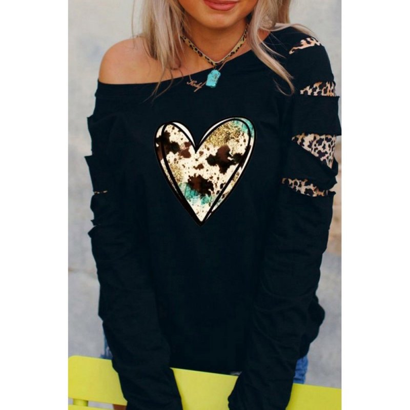 Black Graphic Heart-shaped Print Cut-out Long Sleeve Sweatshirt