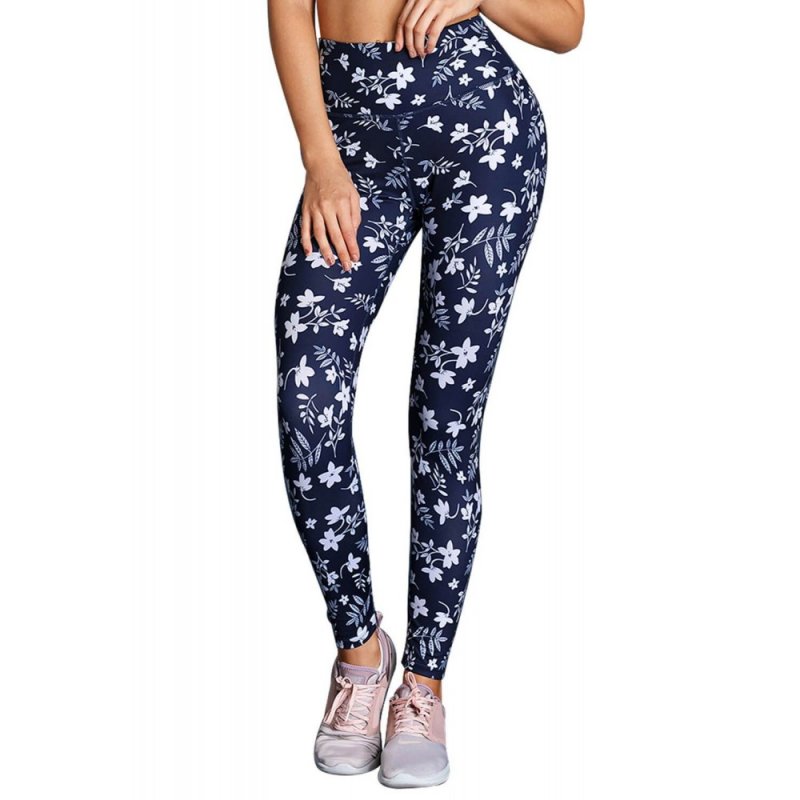 White Floral High Waist Yoga Leggings in Navy