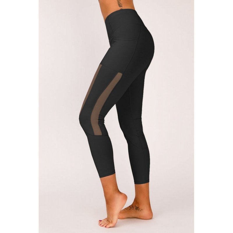 Black Mesh Side Splicing High Waist Yoga Sports Leggings with Phone Pocket