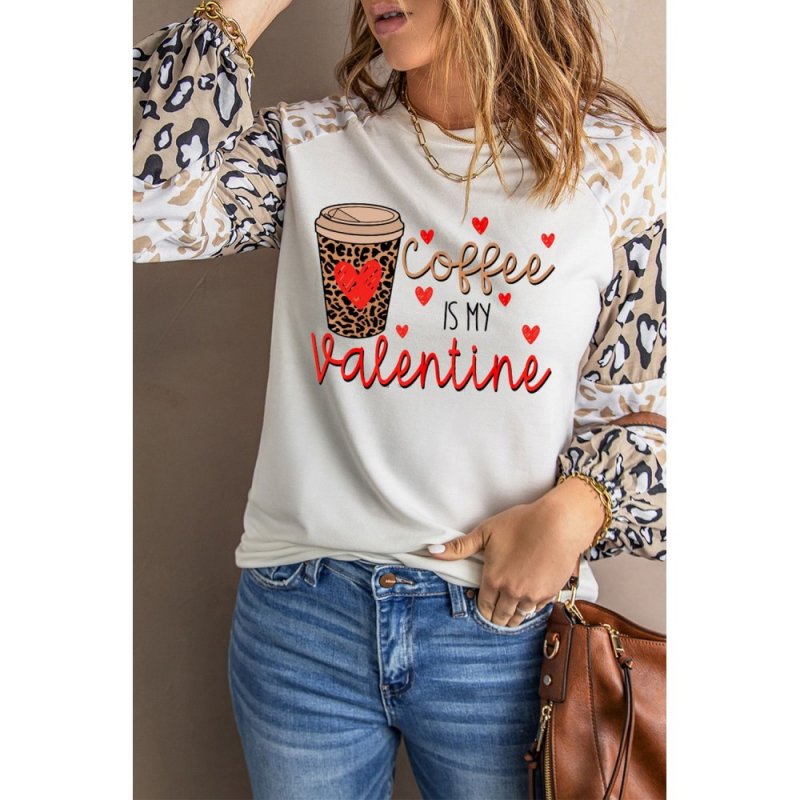 Coffee is My Valentine Graphic Print Leopard Long Sleeve Sweatshirt