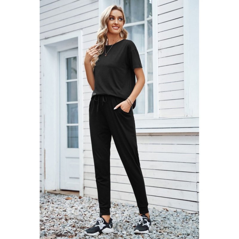 Black Cozy Cotton T-shirt Pants Set