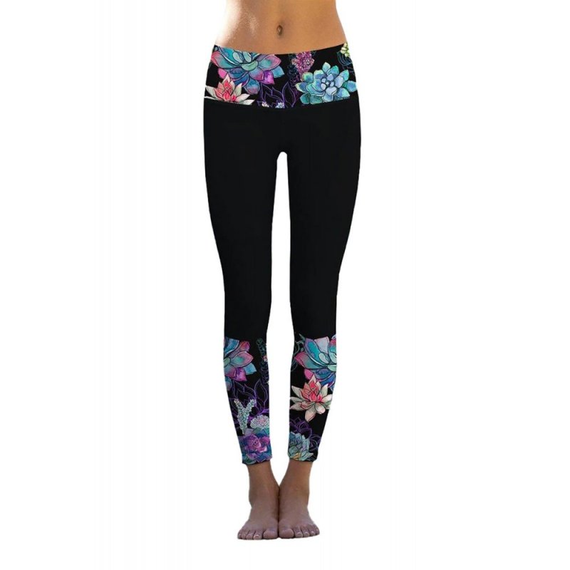 Black Floral Printed Details Leggings Yoga Pants