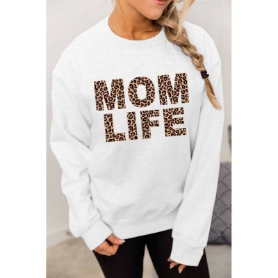 White MOM LIFE Leopard Print Long Sleeve Pullover Sweatshirt