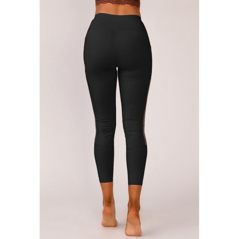 Black Mesh Side Splicing High Waist Yoga Sports Leggings with Phone Pocket