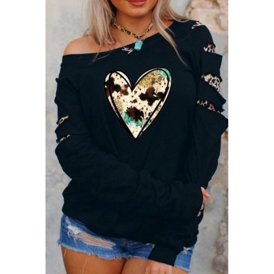 Black Graphic Heart-shaped Print Cut-out Long Sleeve Sweatshirt