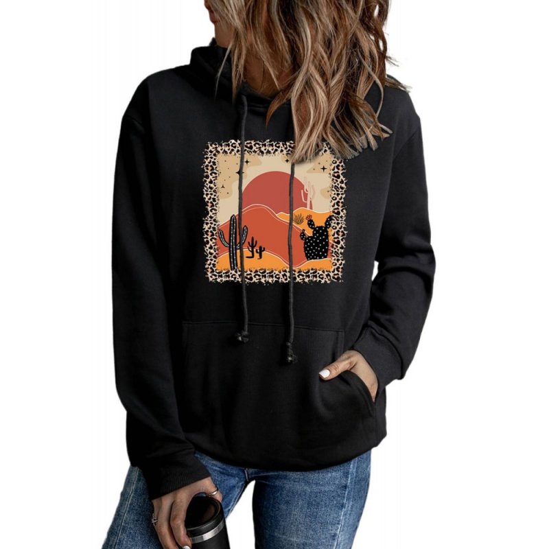 Black Western Leopard Desert Print Long Sleeve Sweatshirt