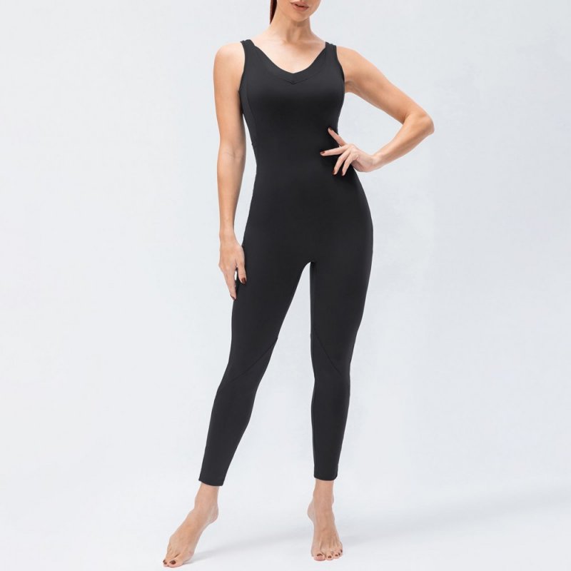 Women Yoga Jumpsuit with Pockets Sleeveless Leggings Open Back Fitness Workout Bodysuit Rompers